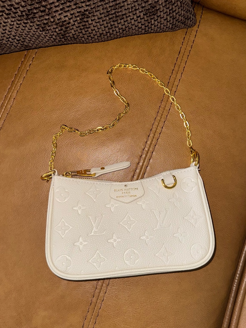 Louis Vuitton Cream Monogram Mini Pochette with Gold Chain